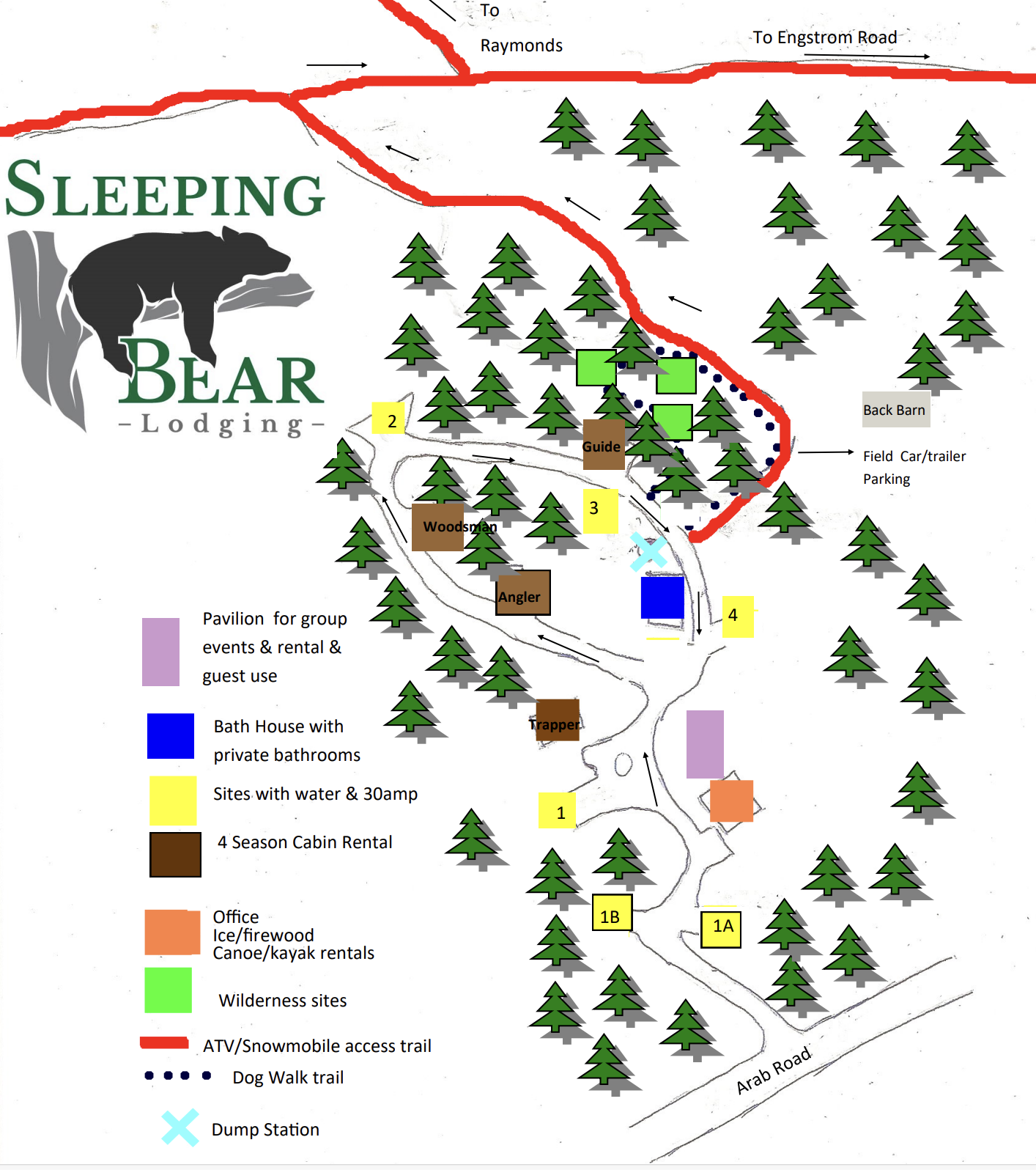 Sleeping Bear Campground site map showing cabins, campsites, trails, and amenities